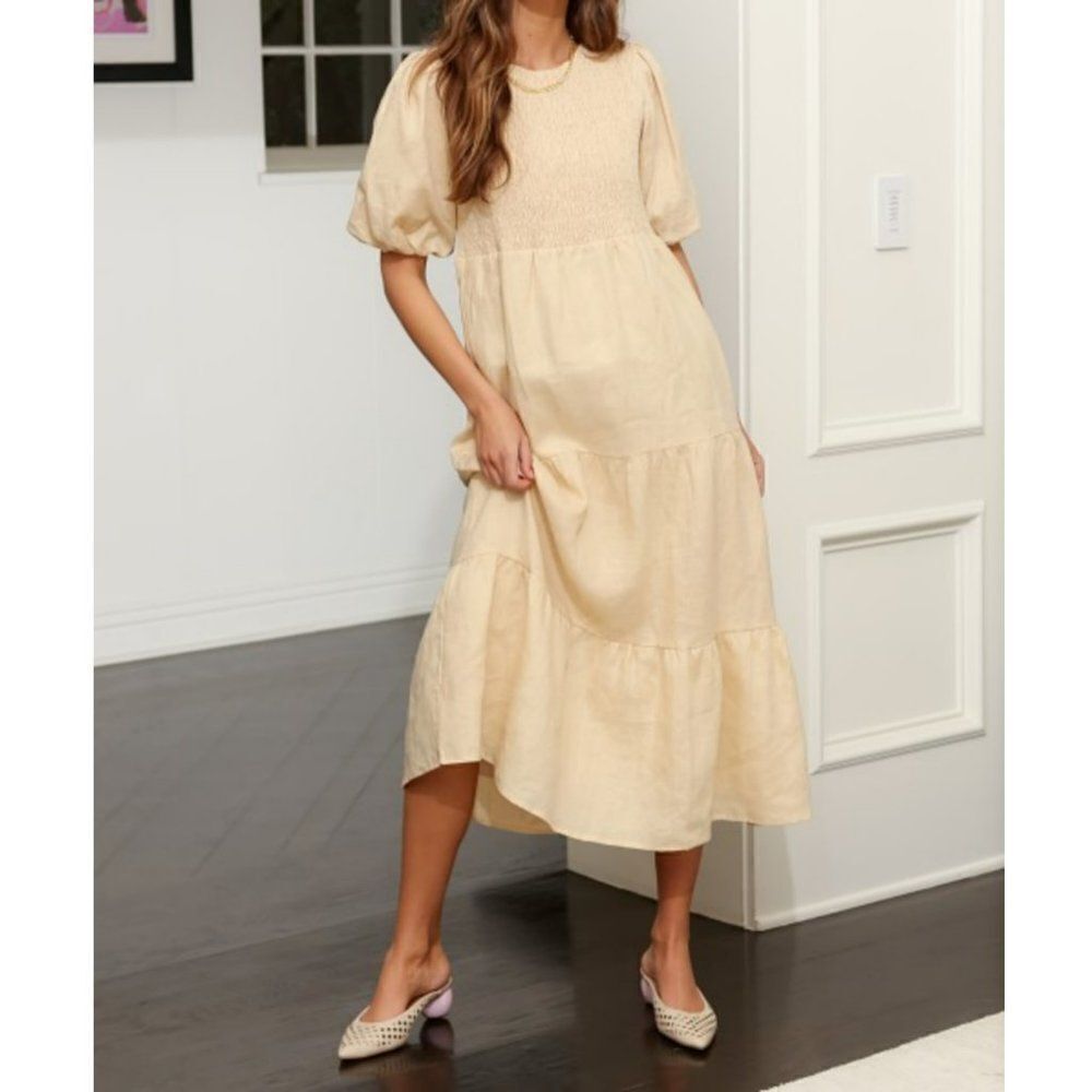 FAITHFULL THE BRAND Alberte Puff Sleeve Smock Midi Dress